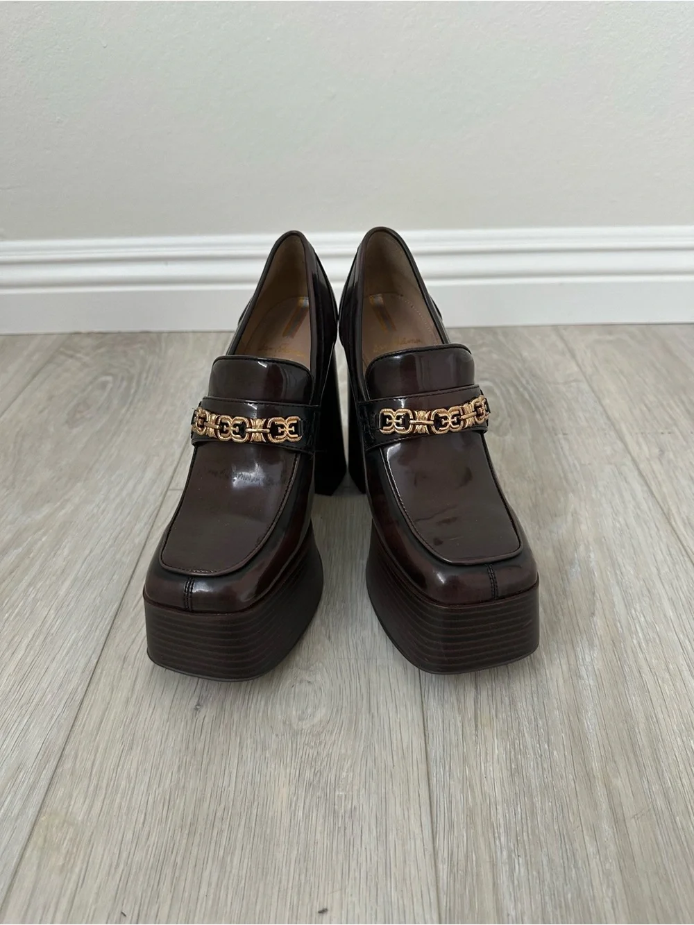 Sam Edelman Brown Patent Platform Block Heel Loafers with Gold Chain Accent